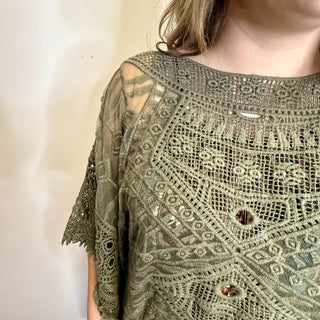 Olive Lace Crochet Poncho Top
