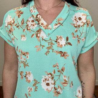 Mint Floral Ribbed Top