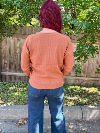 Rust Textured Split Neck Long Sleeve Top