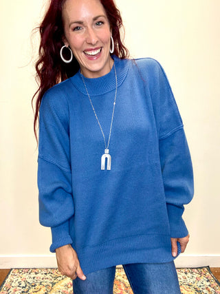 Dusty Blue Side Slit Oversized Sweater