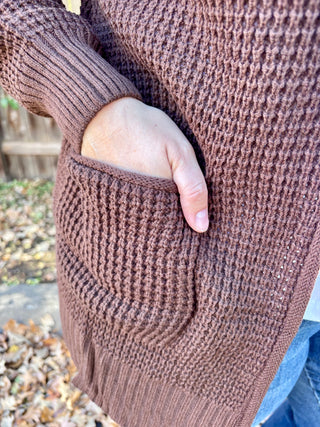 Chocolate Waffle Knit Open Cardigan Sweater