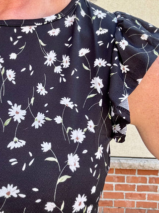 Daisy Flower Print Short Ruffle Sleeve Top