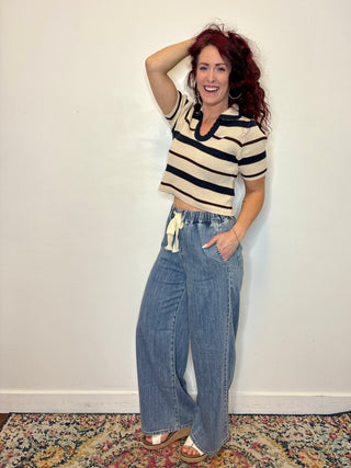 Navy Striped Collared Short Sleeve Cropped Sweater