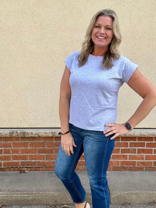 Heather Grey Round Neck Folded Sleeve Tee