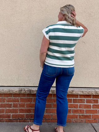 Jade Striped Collared Short Sleeve Sweater