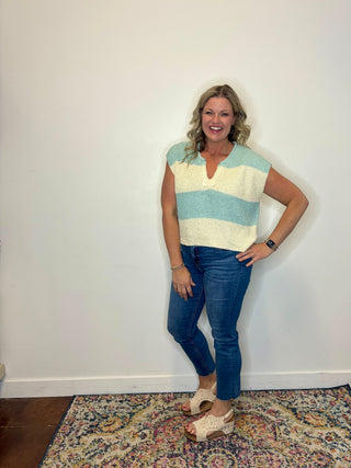 Split Neck Sleeveless Stripe Sweater