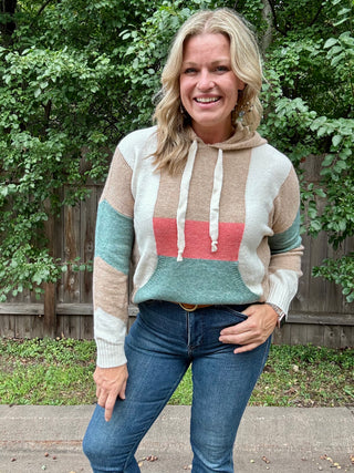Tan, Teal, Cream, Coral Color Block Sweater Hoodie