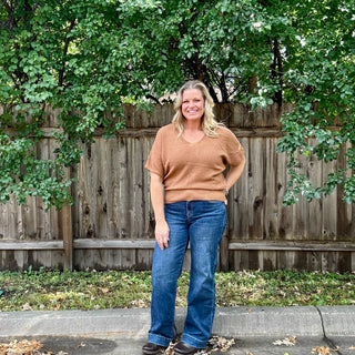 Deep Camel Short Sleeve V-Neck Dolman Sweater