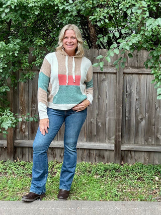 Tan, Teal, Cream, Coral Color Block Sweater Hoodie