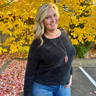 Black Round Neck Waffle Knit Sweater