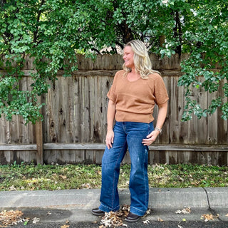 Deep Camel Short Sleeve V-Neck Dolman Sweater