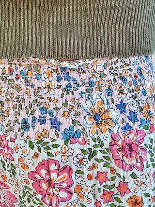 Multi Floral Tiered Smocked Waist Maxi Skirt