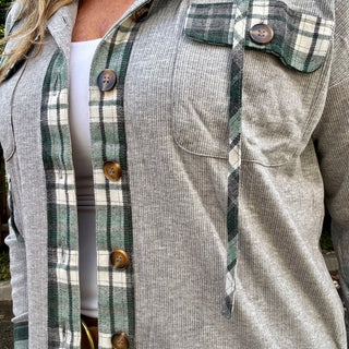 Grey Hooded Shacket with Plaid Details