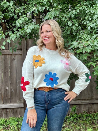 Cream Knit Sweater with Multi Color Crochet Floral