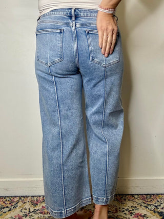 Risen Mid Rise Crop Wide Leg Pintuck Detail Jeans