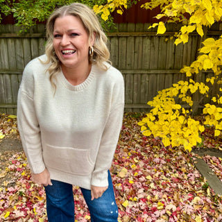 Ivory Crew Neck Sweater with Kangaroo Pocket