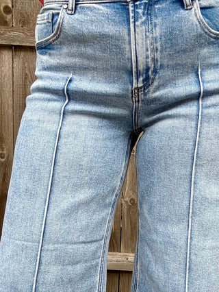Risen Mid Rise Crop Wide Leg Pintuck Detail Jeans