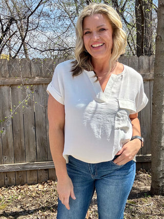 Split Neck Short Sleeve with Back Buttons