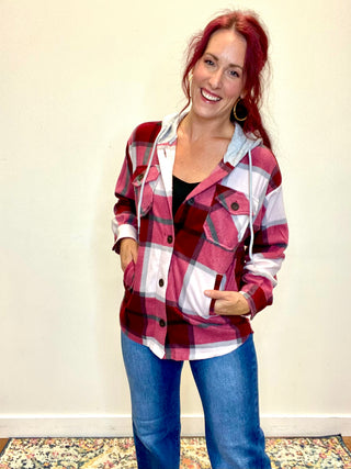 Cabernet Plaid Hooded Fleece Shacket
