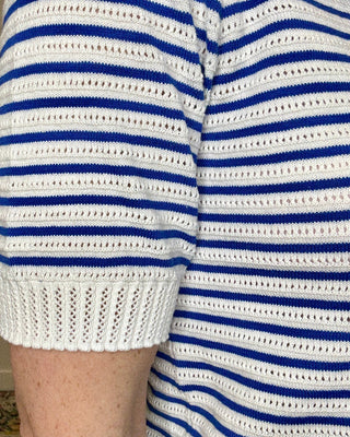 Navy Pointelle Striped Short Sleeve Sweater