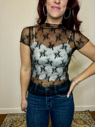 Black Short Sleeve Sheer Lace Top