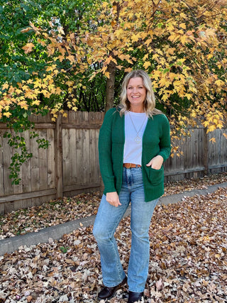 Hunter Green Waffle Knit Open Cardigan Sweater