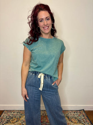 Blue Crinke Washed Folded Sleeve Tee