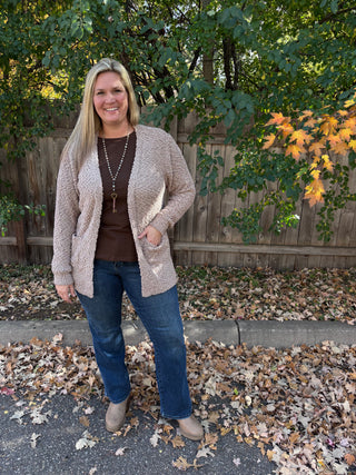 Ash Mocha Long Sleeve Popcorn Sweater Cardigan with Pockets