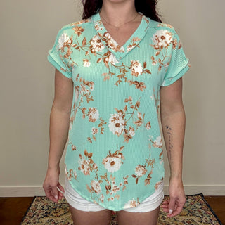 Mint Floral Ribbed Top