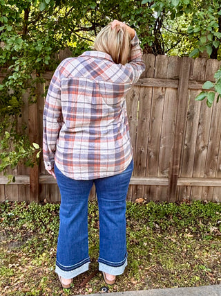 Blue, Blush, Tan Stretch Plaid Button Up