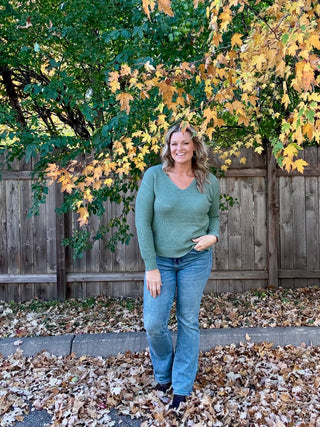 Dark Sage Textured V-Neck Pullover Sweater