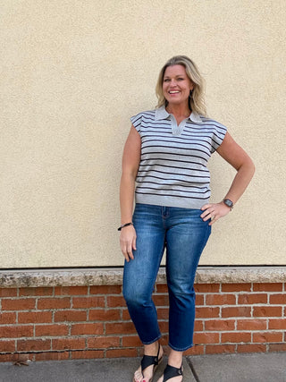 Grey/Black Striped Collared Sweater Sleeveless Top