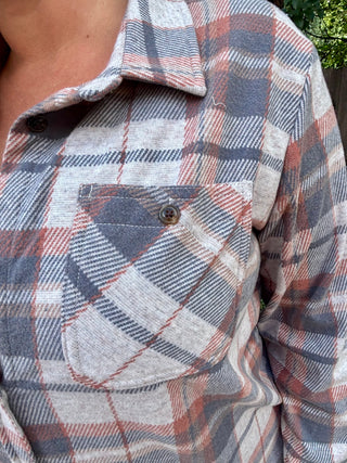 Blue, Blush, Tan Stretch Plaid Button Up