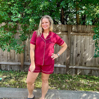 Burgundy Short Sleeve Button Down Shirt and Shorts Set