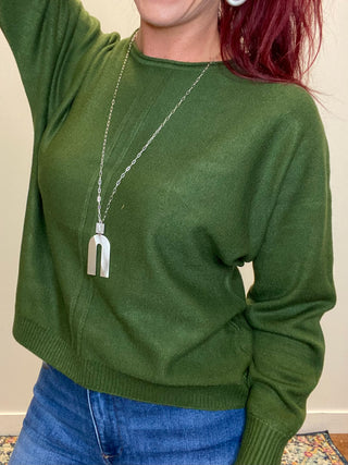 Army Green Front Seam Round-Neck Sweater