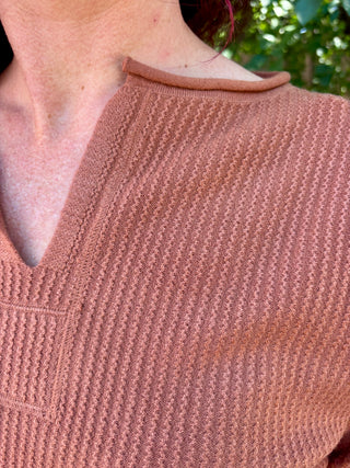 Rust Textured Split Neck Long Sleeve Top