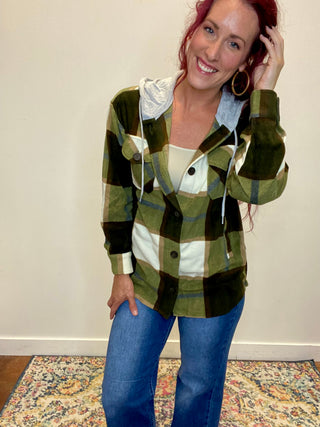 Olive Plaid Hooded Fleece Shacket