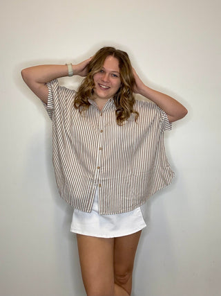 Oversized Brown Striped Button Down Short Sleeve