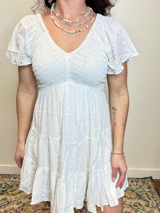 White V-Neck Embroidered Short Sleeve Dress