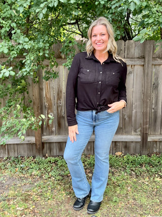 Black Stretch Solid Button Up