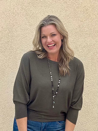 Olive Ribbed 3/4 Sleeve Dolman Top