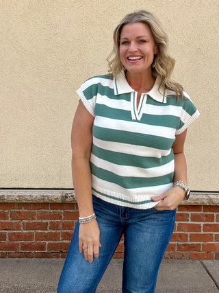 Jade Striped Collared Short Sleeve Sweater