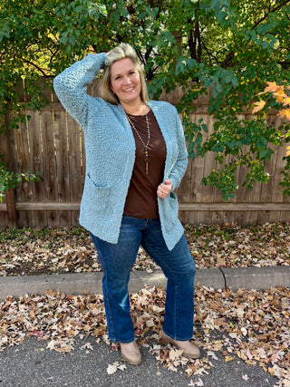 Blue Grey Long Sleeve Popcorn Sweater Cardigan with Pockets