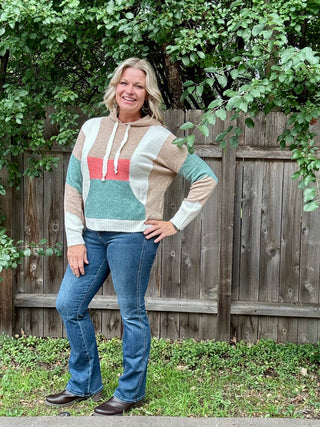Tan, Teal, Cream, Coral Color Block Sweater Hoodie