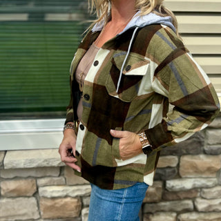 Plaid Drawstring Hooded Shacket