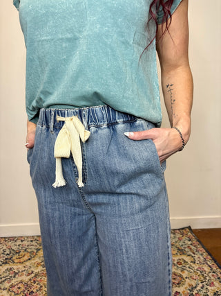 Wide Leg Denim Drawstring Pants