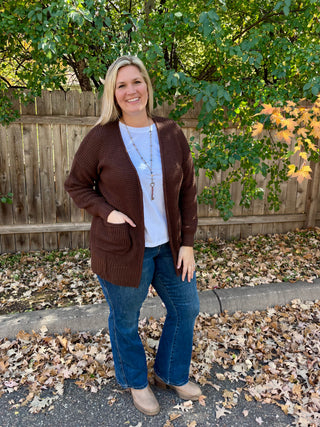Chocolate Waffle Knit Open Cardigan Sweater