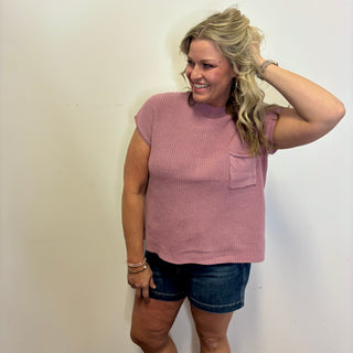Light Rose Mock Neck Short Sleeve Sweater