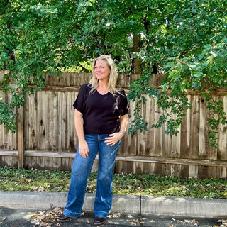 Black Short Sleeve V-Neck Dolman Sweater