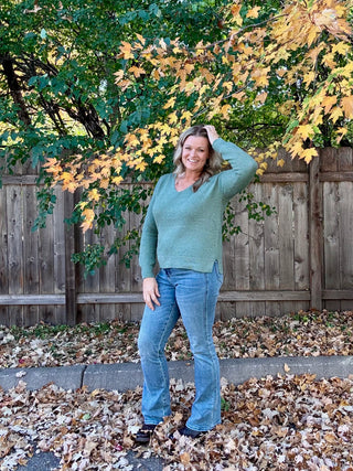 Dark Sage Textured V-Neck Pullover Sweater